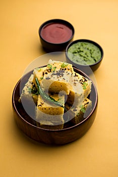 Gujarati Khaman Dhokla or Steamed Gram Flour Puffy Snack Cake