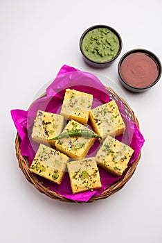 Gujarati Khaman Dhokla or Steamed Gram Flour Puffy Snack Cake