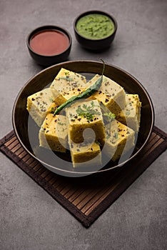 Gujarati Khaman Dhokla or Steamed Gram Flour Puffy Snack Cake