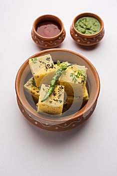 Gujarati Khaman Dhokla or Steamed Gram Flour Puffy Snack Cake