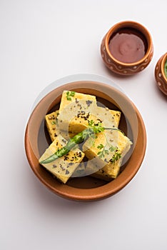 Gujarati Khaman Dhokla or Steamed Gram Flour Puffy Snack Cake