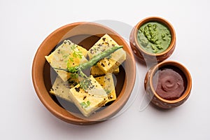 Gujarati Khaman Dhokla or Steamed Gram Flour Puffy Snack Cake