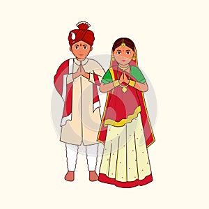 Gujarati Wedding Couple Greeting Namaste Against Cosmic Latte