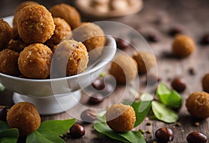 gulam jamun close up image in background ladoo and pista nuts