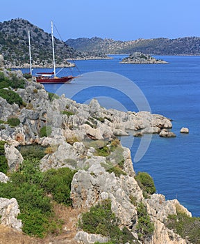 Gulet anchored in between Turkish islands photo