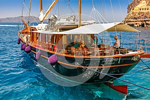 Gulet small ship at anchor in Santorini