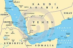 Gulf of Aden area, connecting Red Sea and Arabian Sea, political map