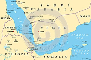 Gulf of Aden area, connecting Red Sea and Arabian Sea, political map photo