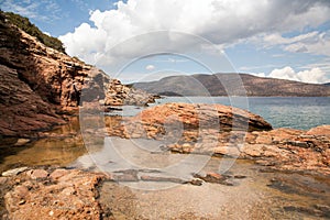 Gulf Aegean sea. Red and orange volcanic rocks. Bodrum, blue cruise. Turkey