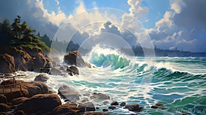 Gulf Of Alaska Waves Crashing Onto Waimea Bay Shore Painting