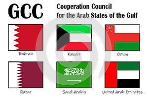 Gulf Arabic countries or GCC Gulf Cooperation Council: UAE, Qatar, Saudi Arabia, Kuwait, Bahrain and Oman, vector flag of