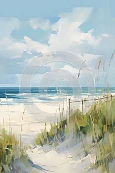 Gulf Coast Beach Scene with Fence and Grass