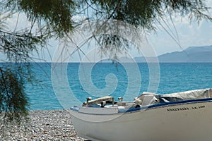 Gulf of Corinth and rowboat at Kiato, Greece