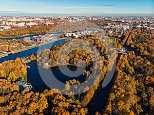 Gulf of Finland. Elagin island. Park culture and rest named after Kirov. Top view autumn trees, urban landscape. Ferris wheel.