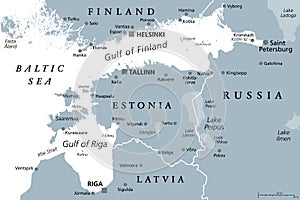 Gulf of Finland and Gulf of Riga region, gray political map