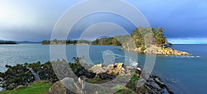 Gulf Islands National Park Landscape Panorama with Dark Clouds over Boat Pass, Saturna Island, British Columbia, Canada