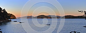 Gulf Islands National Park Landscape Panorama of Last Evening Light at Bennett Bay from Mayne Island, British Columbia, Canada