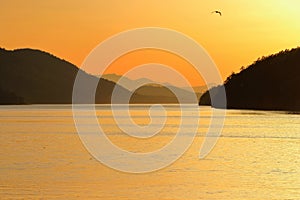 Gulf Islands National Park Sunset over Tumbo Pass from East Point on Saturna Island, British Columbia, Canada