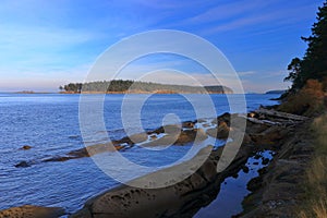 Gulf Islands National Park Tumbo Channel and Island with Mount Baker in Evening Light, Saturna Island, British Columbia, Canada