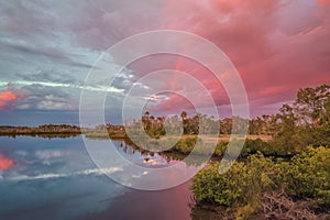 Gulf of Mexico Pink Clouds and Rainbow