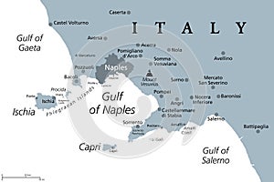 Gulf of Naples, Ischia, Capri and Mount Vesuvius, Italy, gray political map