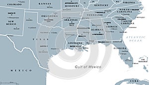 Gulf States of the USA, Gulf South or South Coast, gray political map