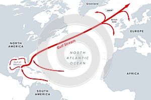 Gulf Stream, warm and swift Atlantic Ocean current, gray political map