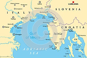 Gulf of Venice and Istria, northern part of Adriatic Sea, political map