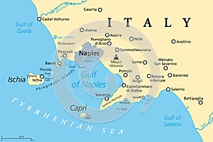 Gulf of Naples, Ischia, Capri and Mount Vesuvius, Italy, political map
