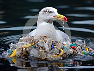 Gull Caught In Plastic Pollution