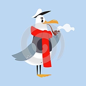 Gull Character with Webbed Feet Wearing Scarf and Hat Smoking Pipe Vector Illustration