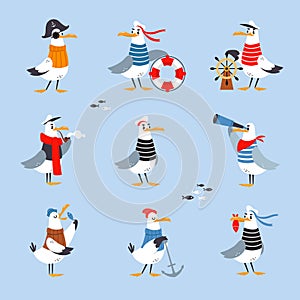 Gull Character with Webbed Feet Wearing Striped Vest and Hat with Anchor and Steering Wheel Vector Set