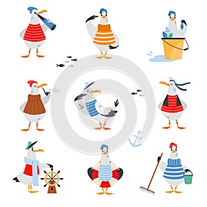 Gull Character with Webbed Feet Wearing Striped Vest and Hat with Bucket and Steering Wheel Vector Set