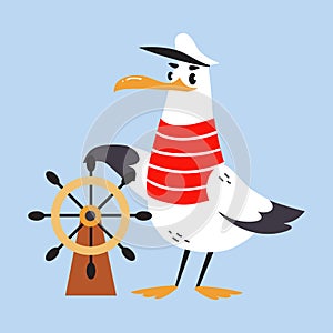 Gull Character with Webbed Feet Wearing Striped Vest and Hat Steering Boat Wheel Vector Illustration