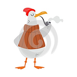 Gull Character with Webbed Feet Wearing Sweater and Hat Smoking Pipe Vector Illustration