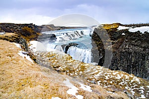 Gullfoss falls on the Golden Circle route in southwestern Iceland