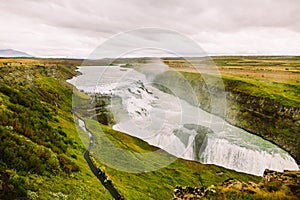 Gullfoss waterfall in Golden Circle popular tourist route in the canyon of the HvÃ­tÃ¡ river in southwest Iceland