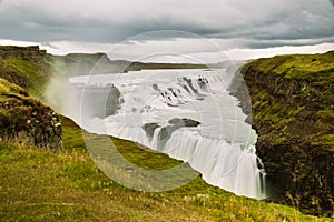 Gullfoss waterfall in Golden Circle popular tourist route in the canyon of the HvÃ­tÃ¡ river in southwest Iceland