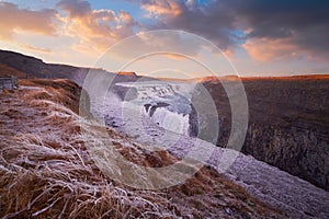 Gullfoss waterfall Iceland landscape travel outdoor beautiful sunset