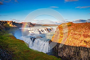 Gullfoss waterfall and the Olfusa river in southwest Iceland with a rainbow