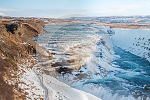 Gullfoss waterfall view and winter Lanscape picture in the winter season