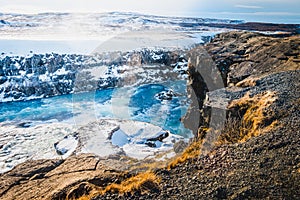 Gullfoss waterfall view and winter Lanscape picture in the winter season