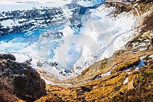 Gullfoss waterfall view and winter Lanscape picture in the winter season
