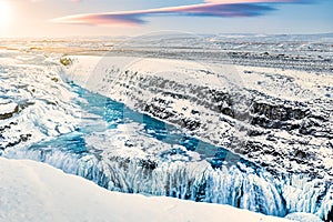 Gullfoss waterfall during winter, in Iceland.