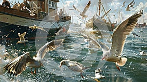 Gulls swoop and dive competing with fishermen for the daily catch as they navigate through the lively network of boats