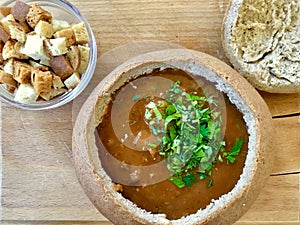 Gulyas soup in a bread