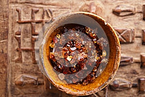 Gum arabic, also known as acacia gum - in bowl