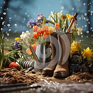 Gum boots with spring flowers and gardening tools with grass.