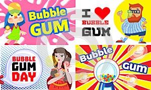 Gum chewing banner set, cartoon style