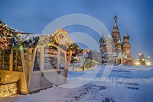 GUM-Market Booth and Sant. Basilâ€™s Cathedral in Morning Twilight in Snow